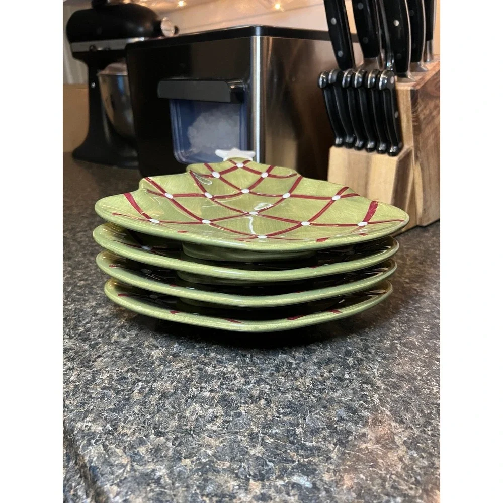 Pottery Barn Seasons Greeting Christnas Tree Plate Set of 4